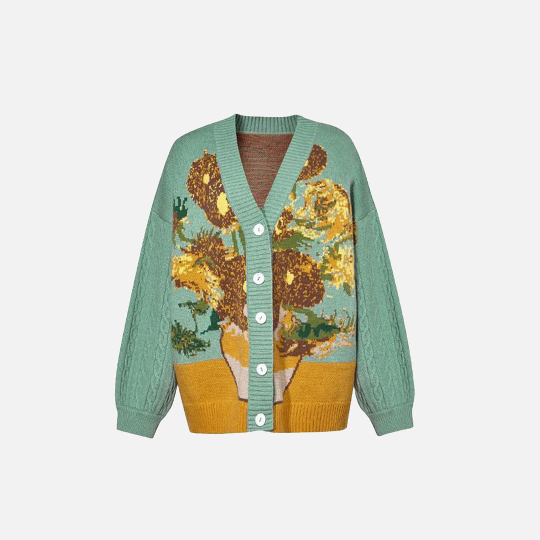 Front view of the green Floral Pattern Cardigan Sweater n a gray background