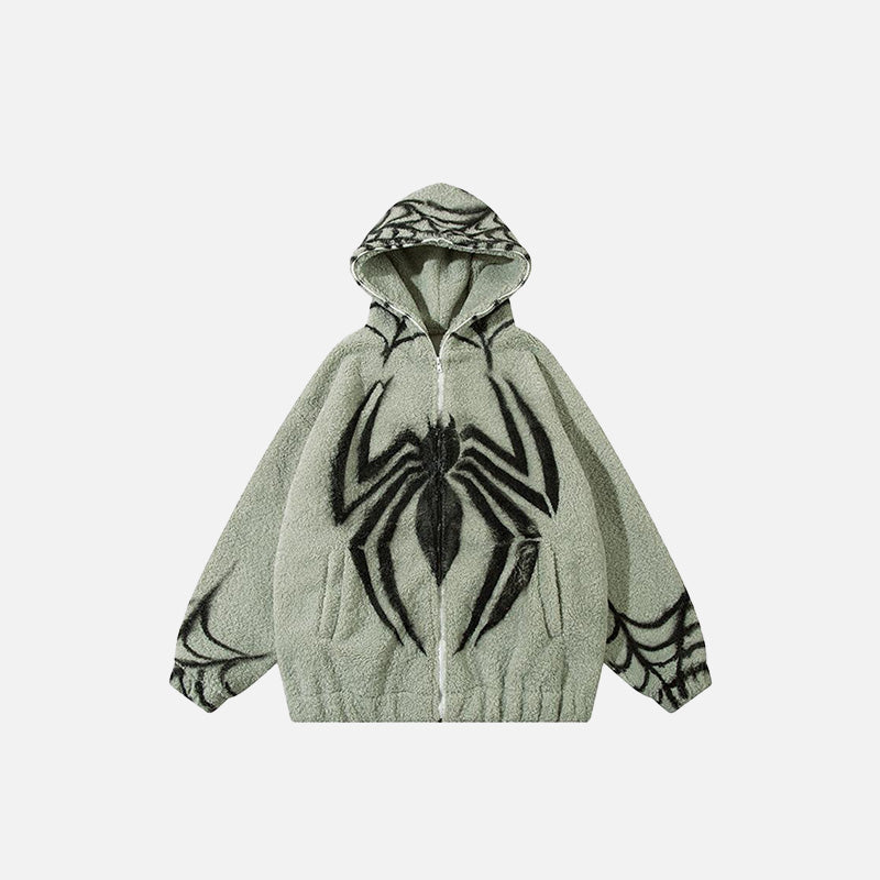 Front view of the green Loose Spider print Fleece Zip-up Jacket in a gray background