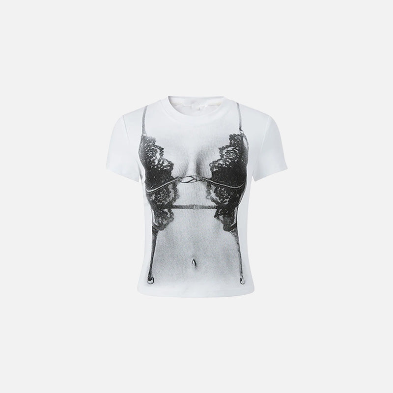 Front view of the white Y2k Women's Printed T-shirt in a gray background