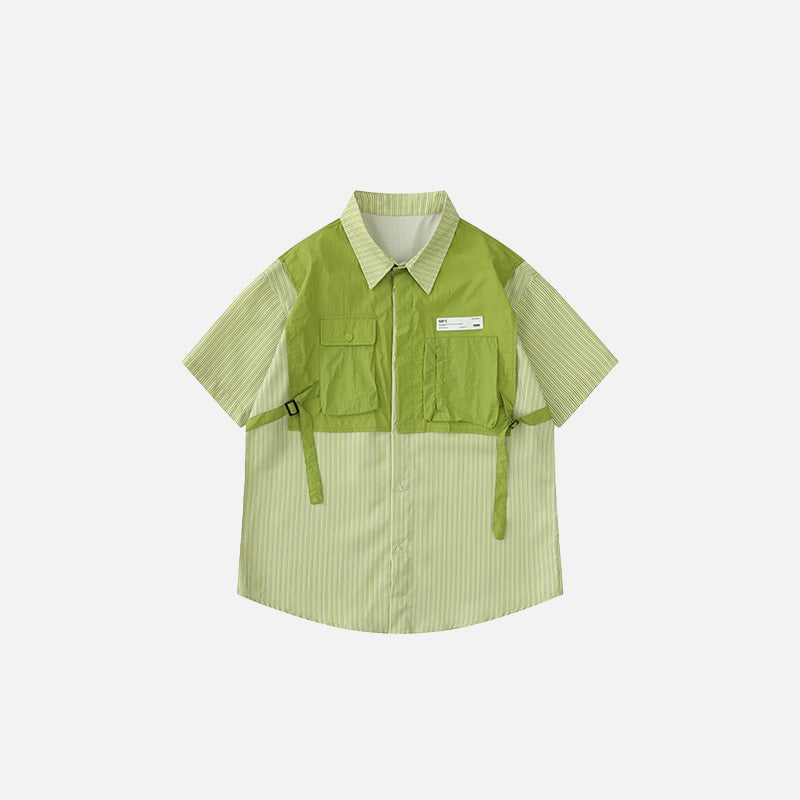 Front view of the green Stripe Color Blocking Shirt in a gray background 