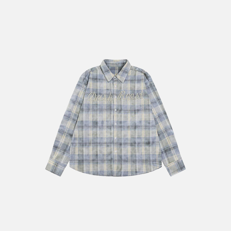 Front view of the blue Plaid Button-Up Shirt in a gray background