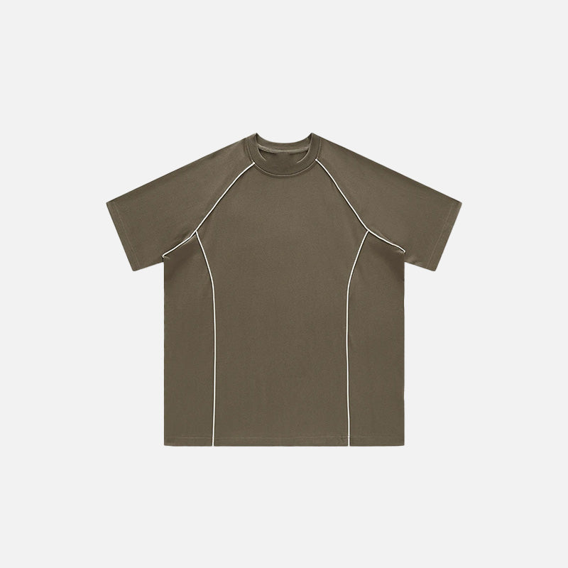 Front view of the coffee Loose Patchwork Oversized T-shirt in a gray background 