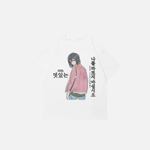 Front view of the white Y2K Cool Anime Girl T-shirt in a gray background 