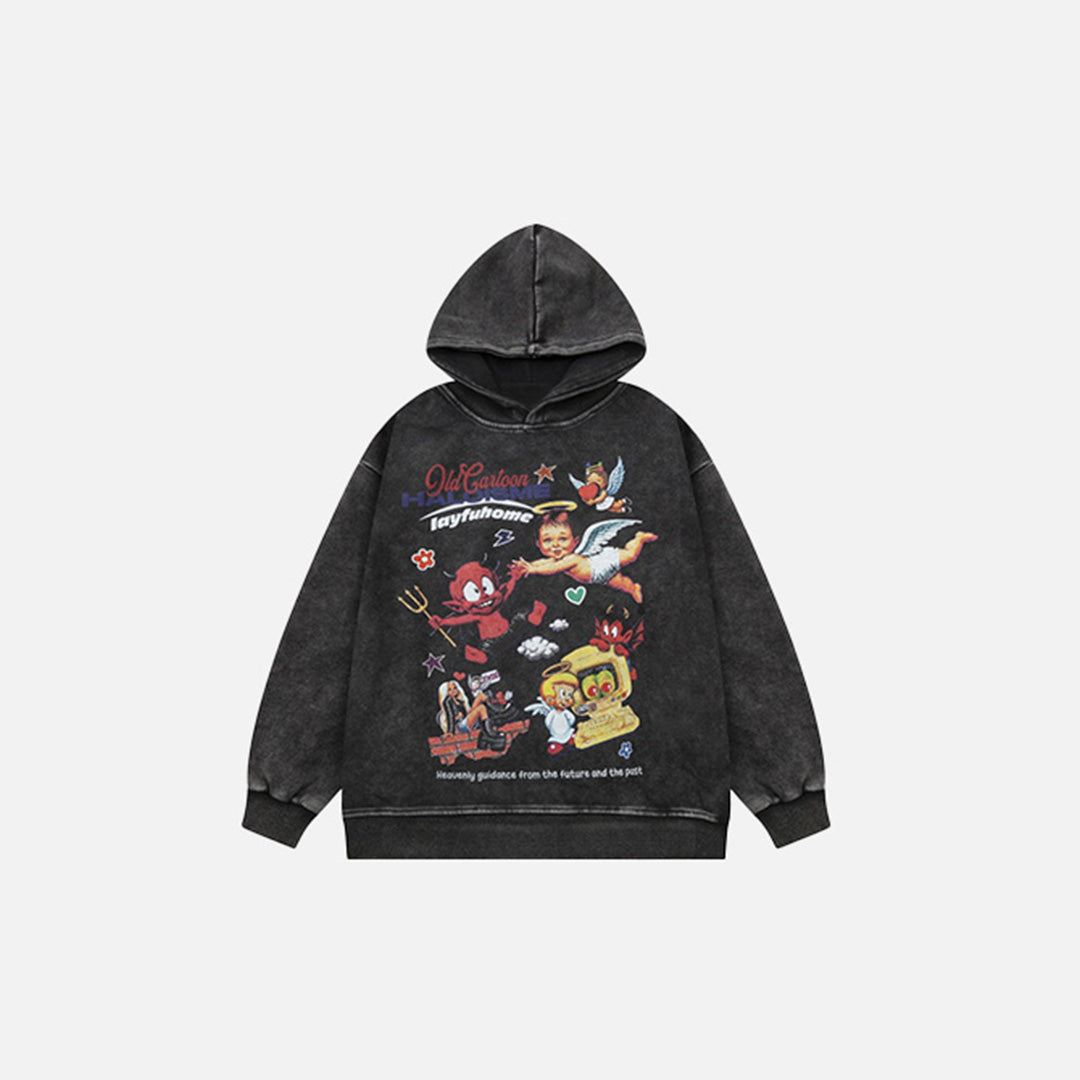 Front view of the black Nostalgic Animation Hoodie in a gray background