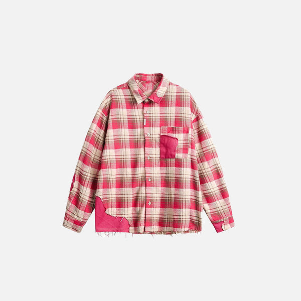 Front view of the Broken Red Plaid Shirt in a gray background