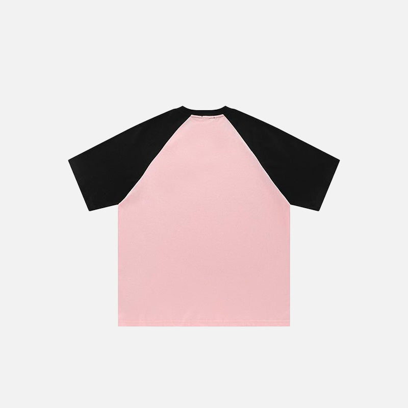 Back view of the pink Raglan Sleeve Contrast Color T-shirt in a gray background 