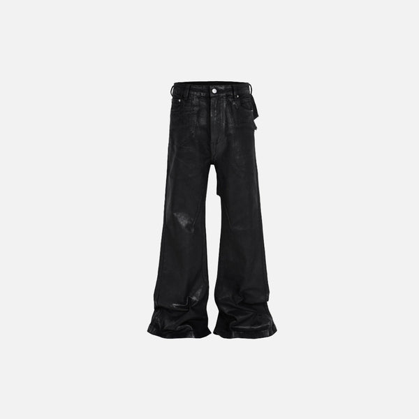 Front view of the black Y2k Baggy Flare Jeans in a gray background 