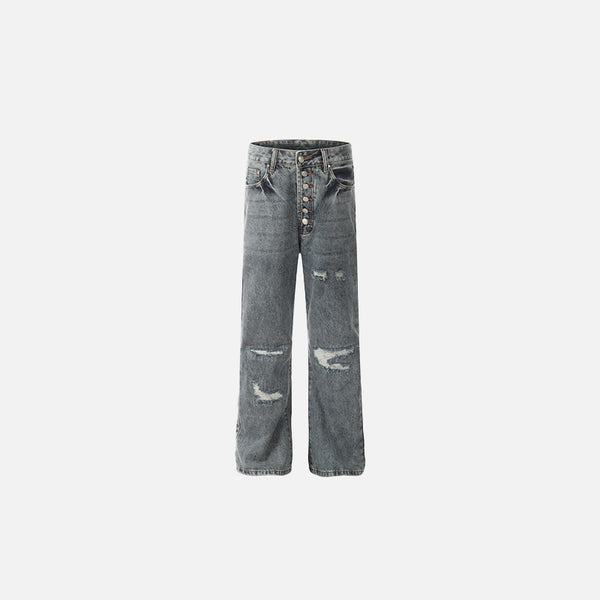 Front view of the blue Distressed Button-Fly Denim Jeans in a gray background