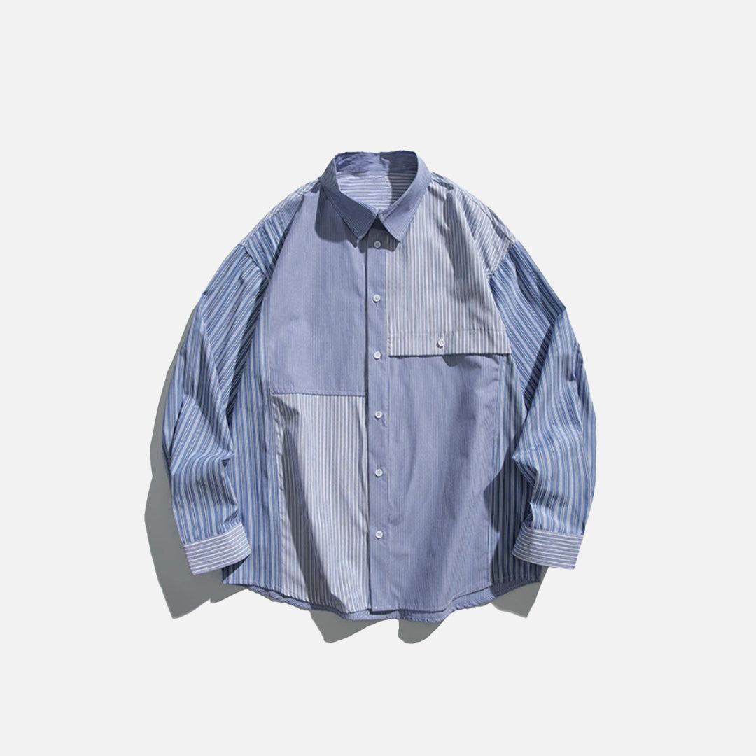 Front view of the blue Patchwork Oversized Shirt in a gray background