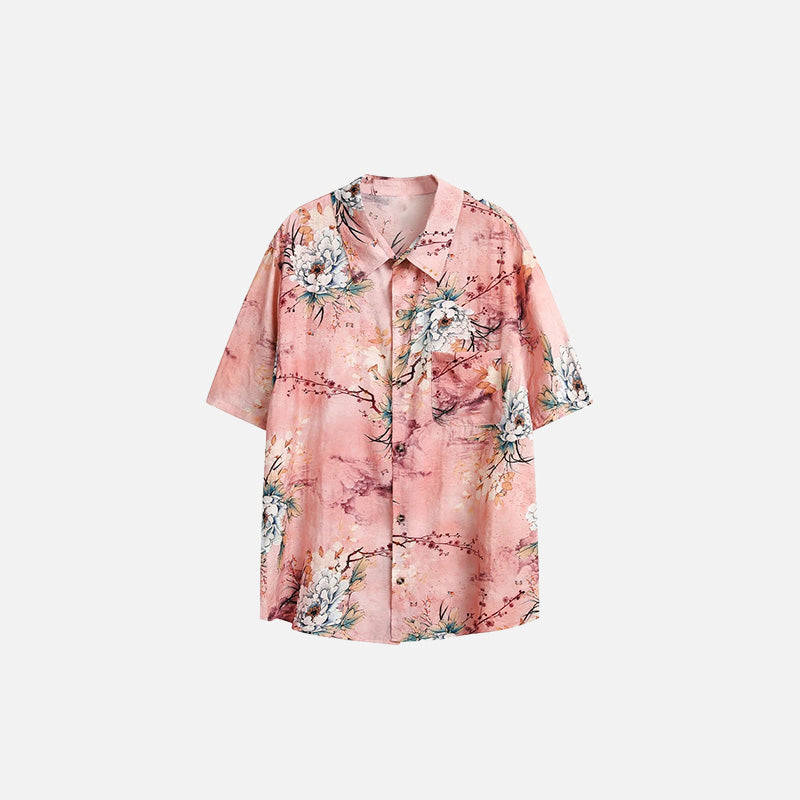 Front view of the pink Women's Floral Elegant Shirt in a gray background