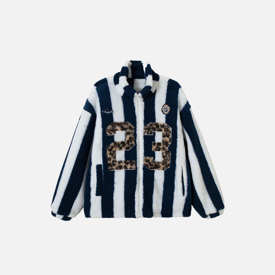 Front view of the blue Vintage Striped Fleece Jacket in a gray background