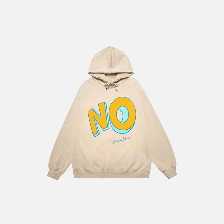 Front view of the beige "No" Letter Print Loose Hoodie in a gray background 