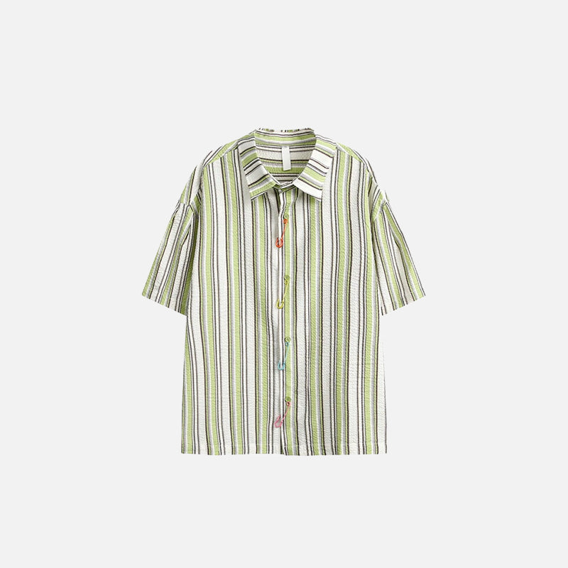 Front view of the green Striped Short-Sleeve Women's Shirt in a gray background