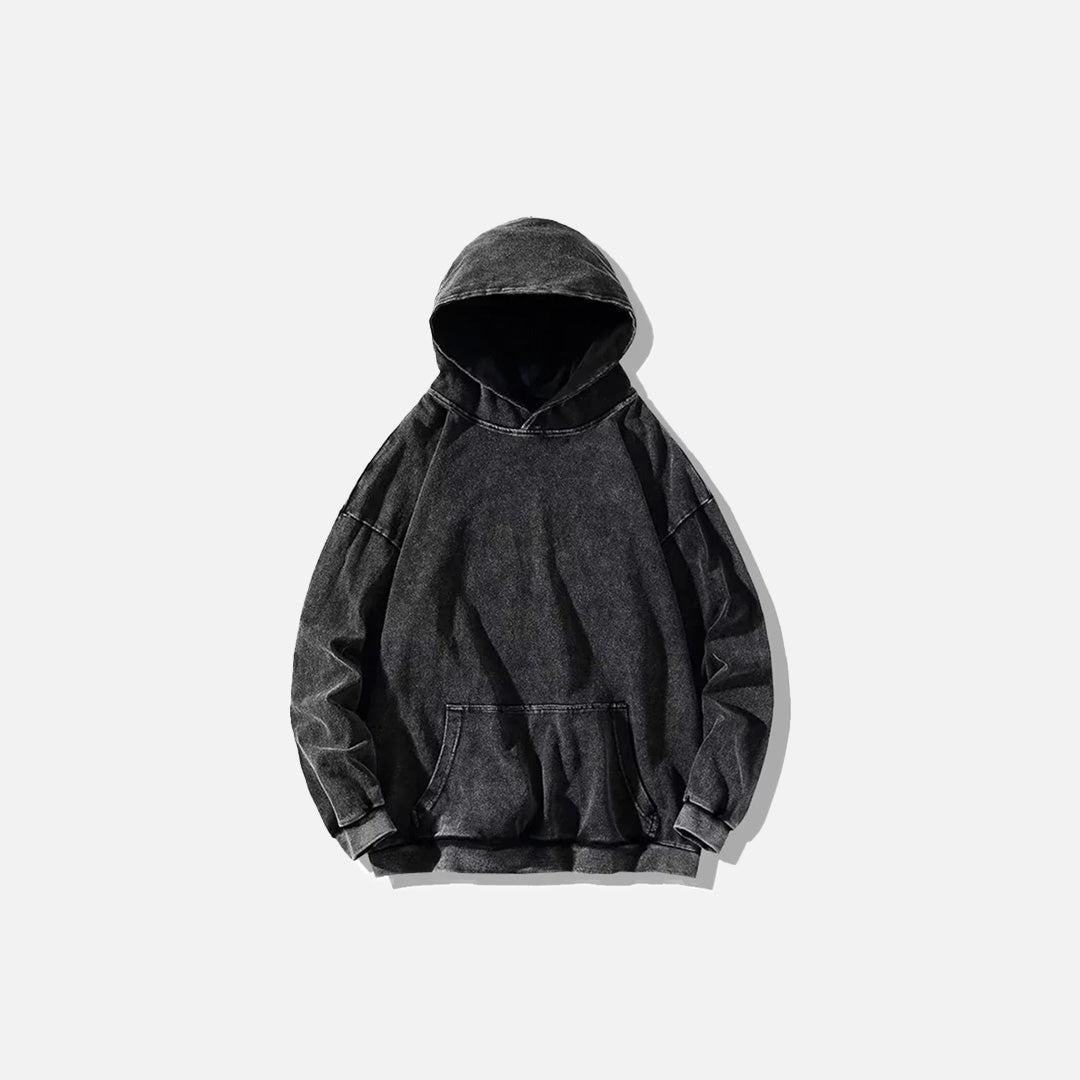 Front view of the black Vintage Washed Hoodie in a gray background