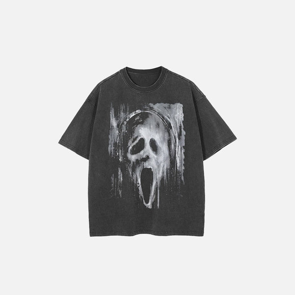 Front view of the black Ethereal Scream Graphic T-shirt in a gray background