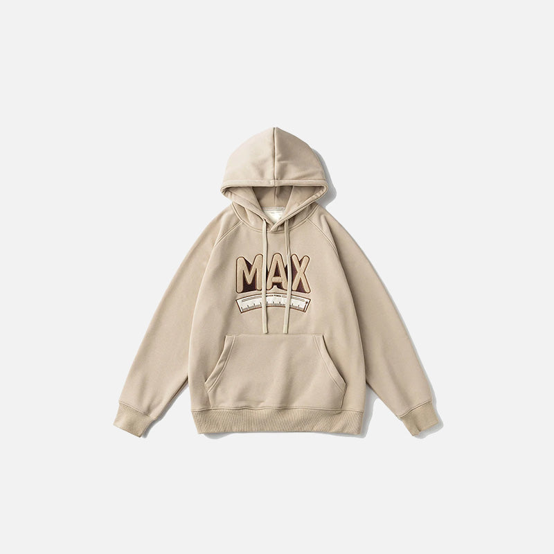 Front view of the khaki Max Embroidered Oversized Hoodie in a gray background