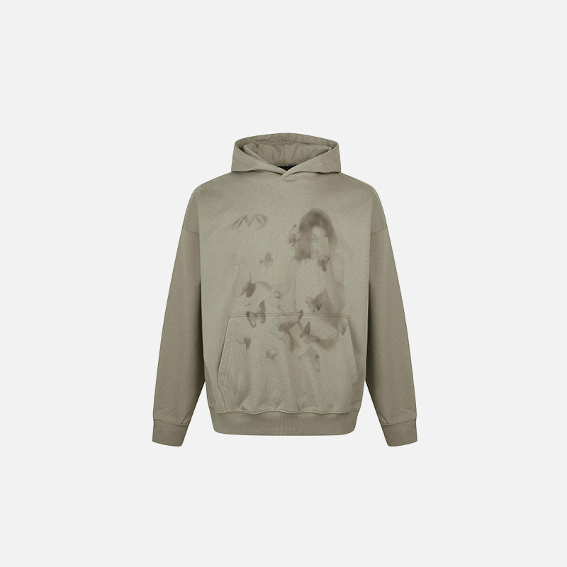 Front view of the green Dreamy Portrail Graphic Hoodie in a gray background