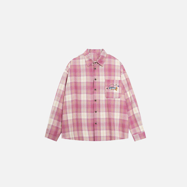 Front view of the pink Plaid Button-Up Shirt in a gray background