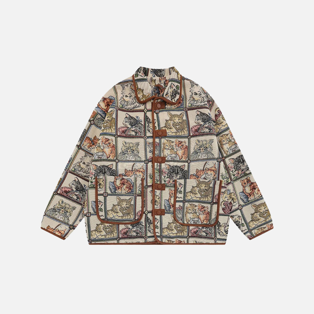 Front view of the khaki Vintage Pattern Toggle Jacket in a gray background