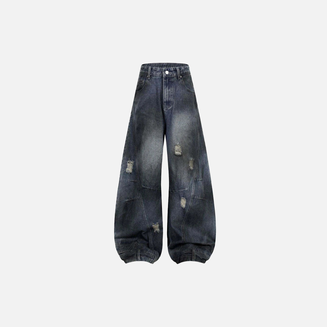 Front view of the blue Wide Leg Ripped Patchwork Jeans in a gray background