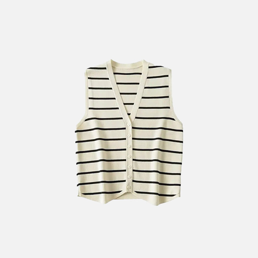 Front view of the beige Striped Button-Up Knit Vest in a gray background