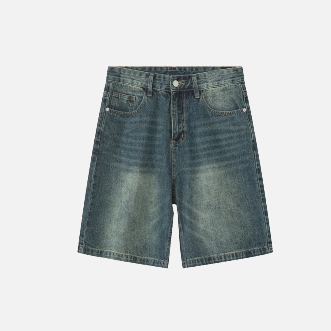 Front view of the blue Retro Chic Denim Shorts in a gray background