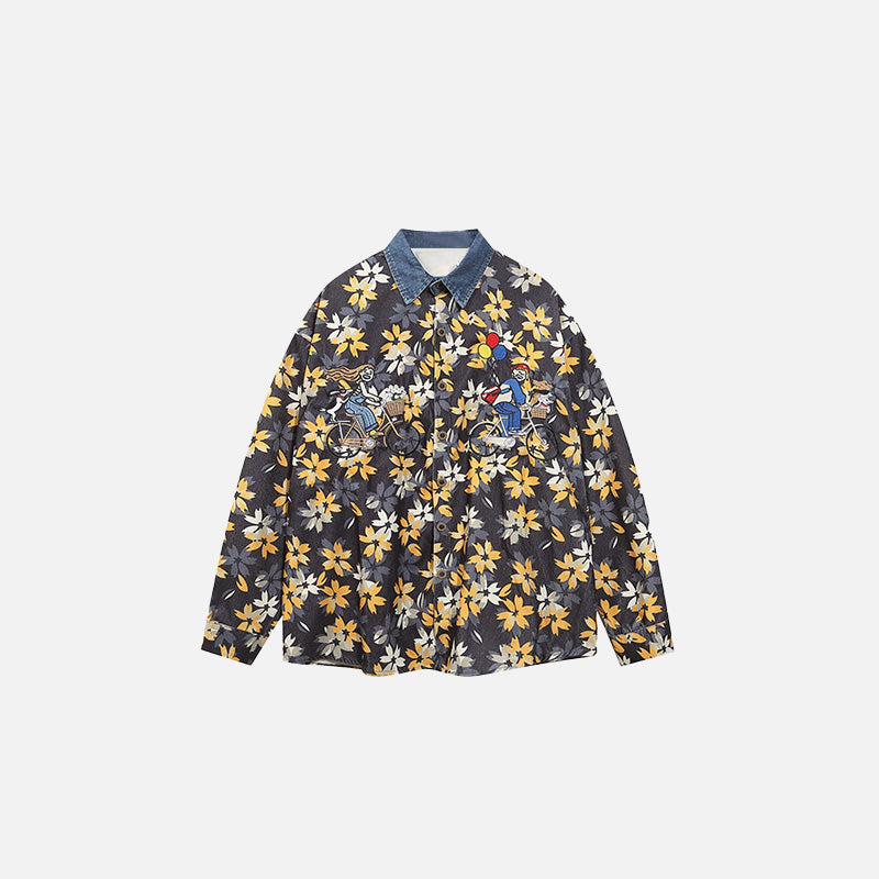 Front view of the yellow Cyclist Floral Patterned Shirt in a gray background