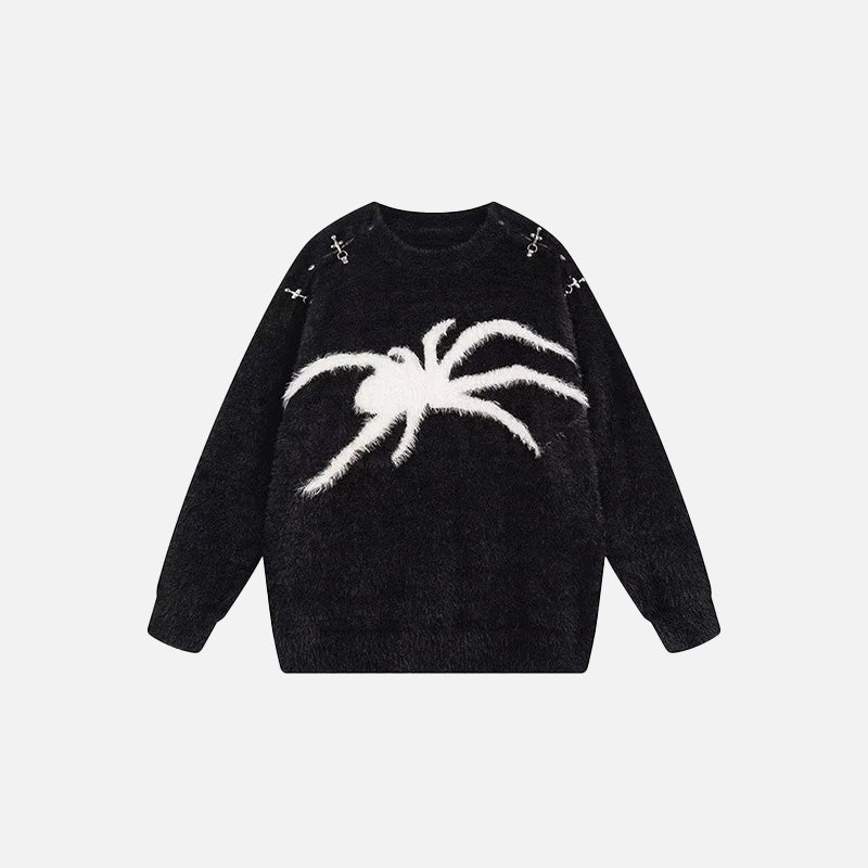 Front view of the black Spider Chic Sweater in a gray background