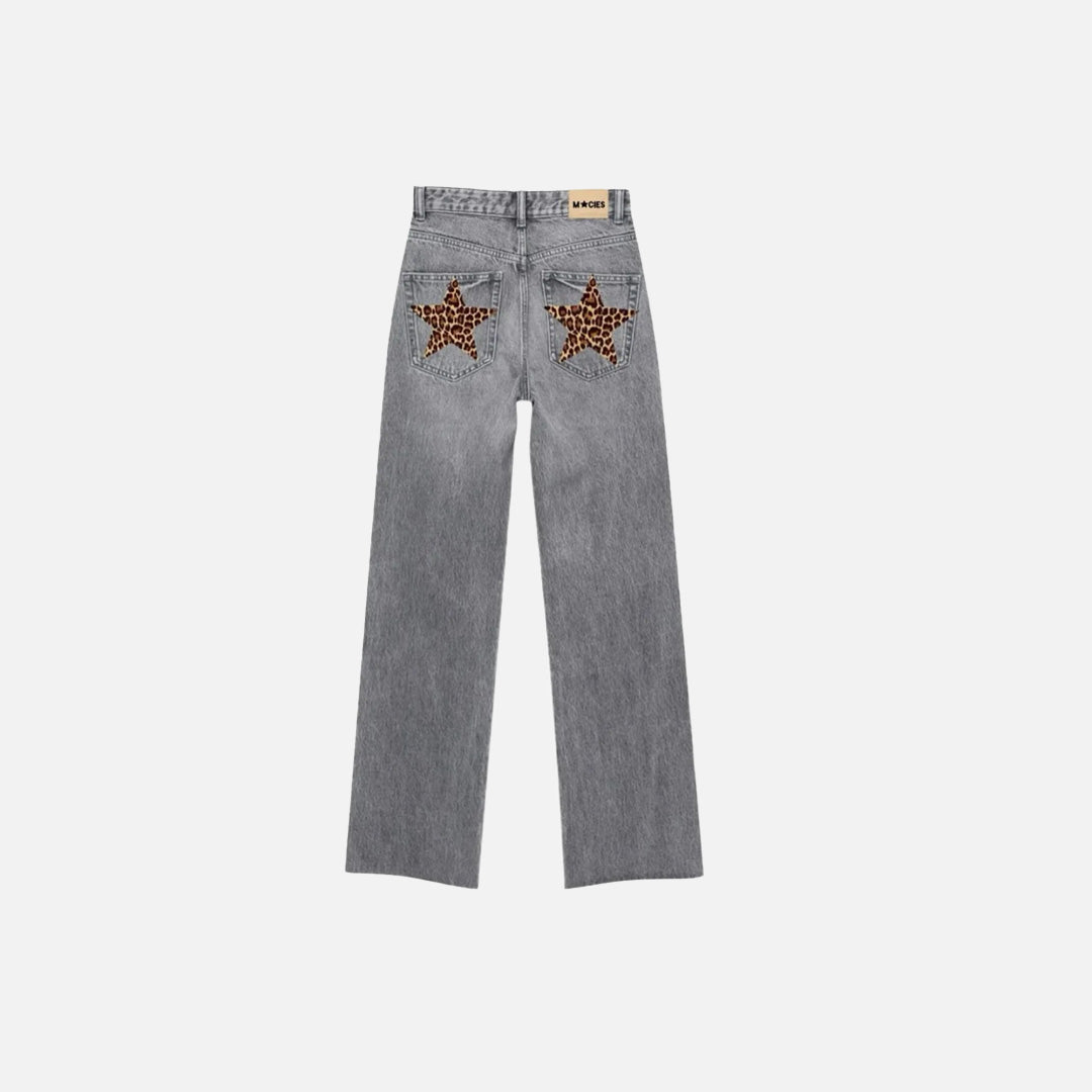 Back View of the grey Leopard Star Pocket Jeans in a gray background