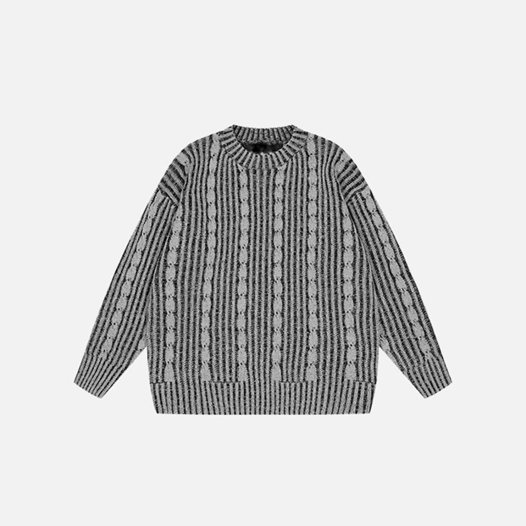 Front view of the black Vintage Stripes Loose Sweater in a gray background