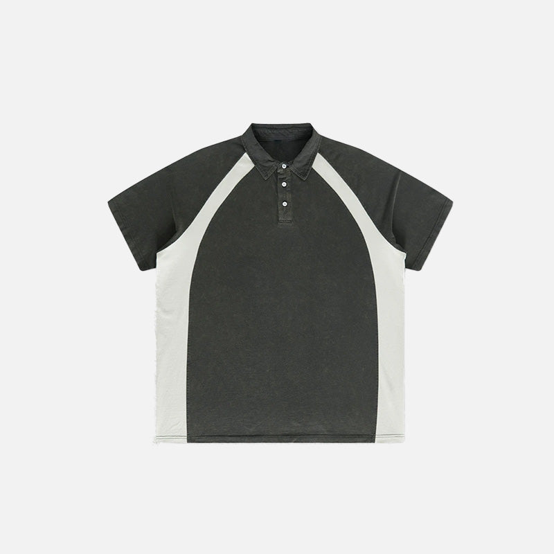 Front view of the dark gray Y2k Washed Contrast Color Polo T-shirt in a gray background 