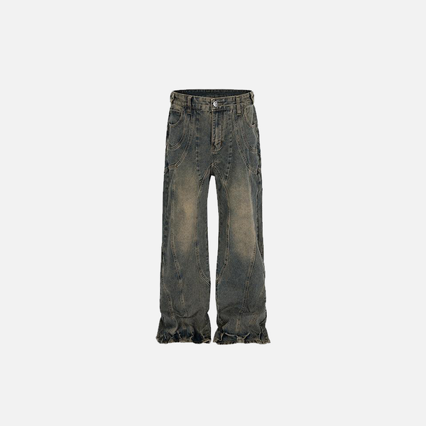 Front view of the blue Loose Straight Stitching Jeans in a gray background