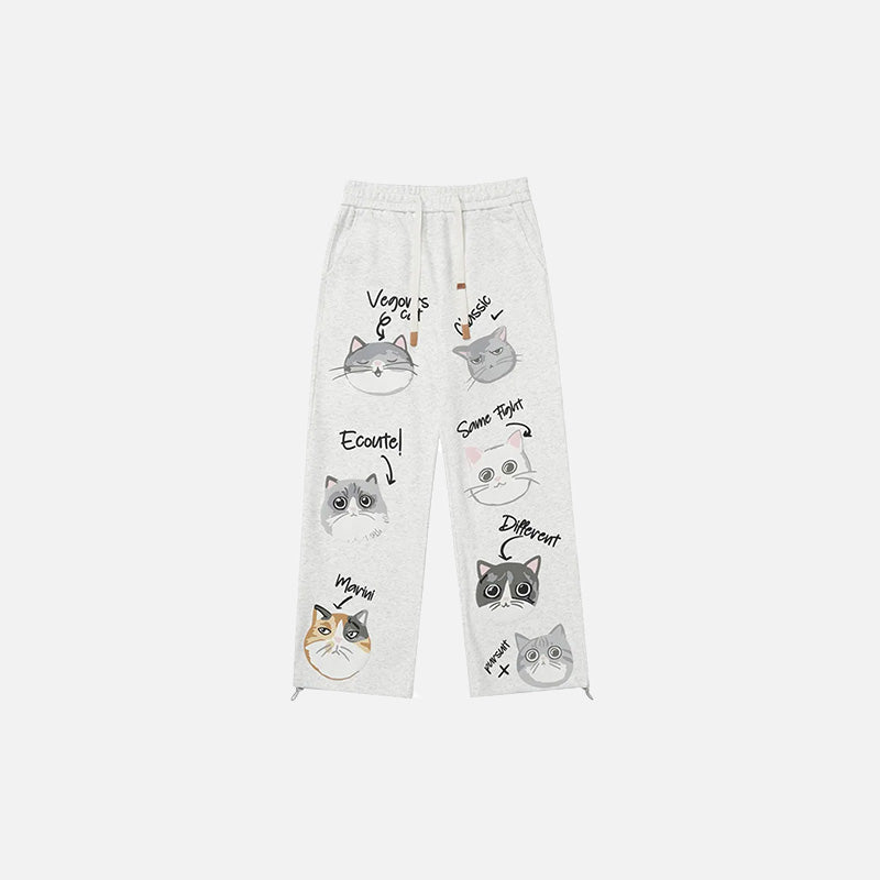 Front view of the gray Y2k Baggy Cat Printed Pants in a gray background