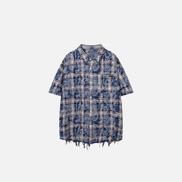 Front view of the blue Vintage Plaid Ripped Shirt in a gray background 