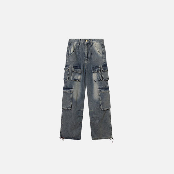Front view of the blue Y2K Baggy Multi Pocket Pants in a gray background
