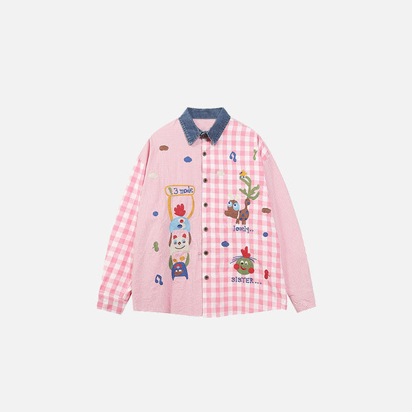 Front view of the pink Playful Pals Patchwork Shirt in a gray background