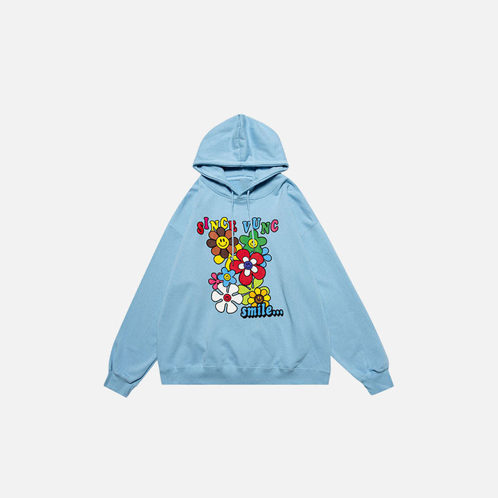 Front view of the blue Flower Season Loose Hoodie in a gray background 