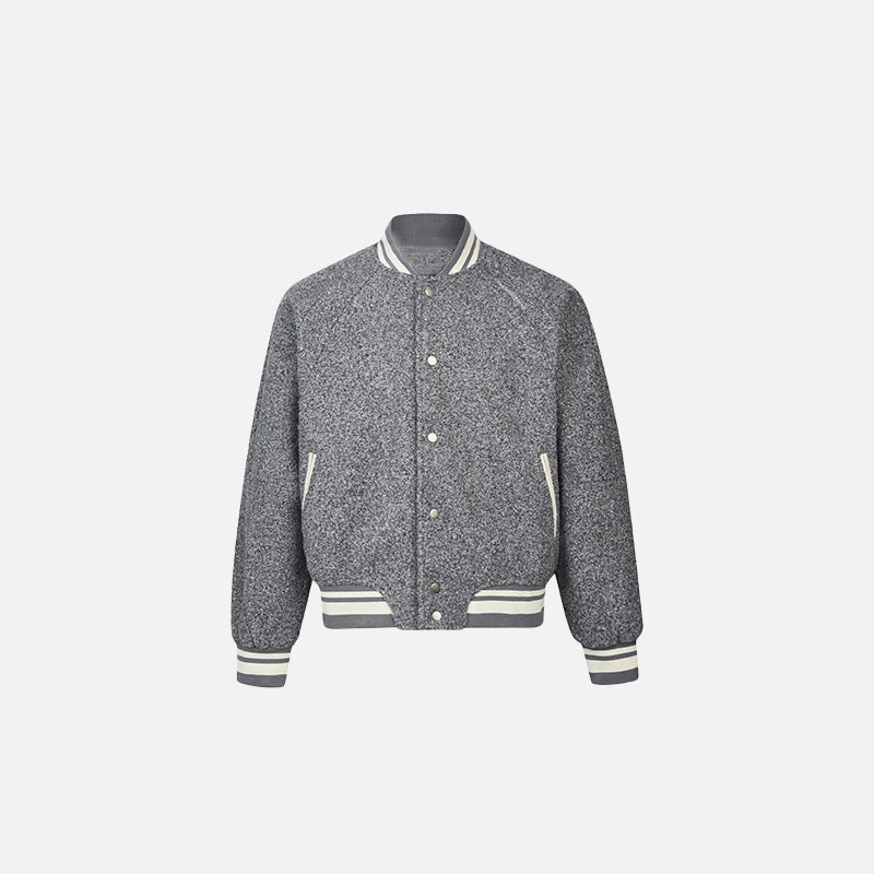 Front view of the gray Iconic Varsity Jacket in a gray background