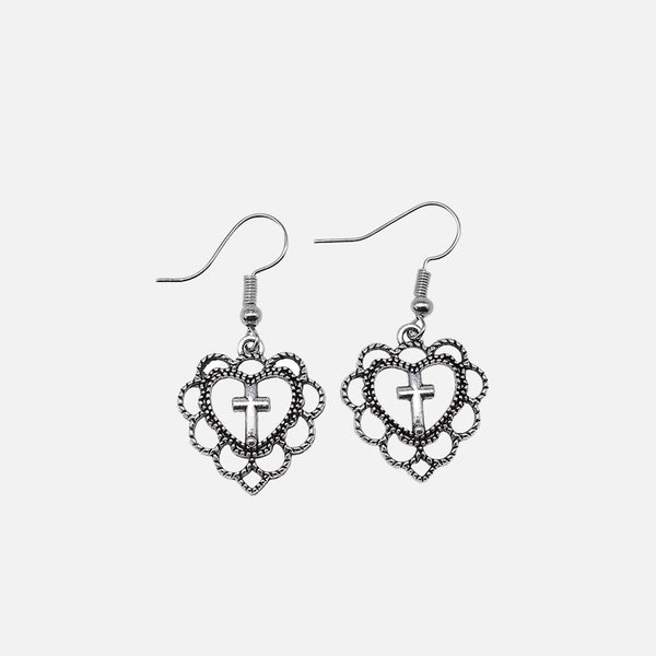 Silver Color Heart Cross Earrings