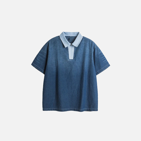 Front view of the dark blue Loose Washed Polo T-shirt in a gray background