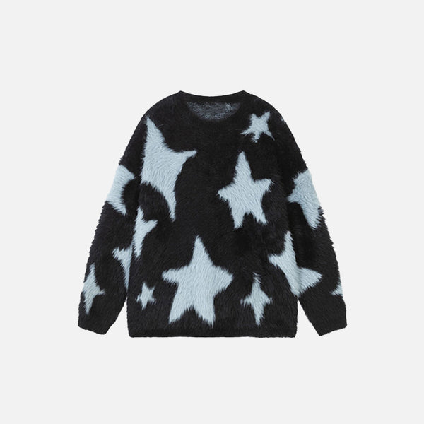 Front view of the black Starry Night Sweater in a gray background