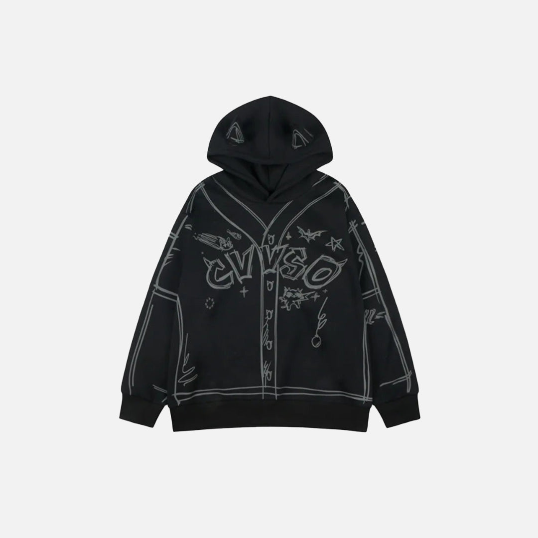 Front view of the black Charming Ear Tipped Hoodie in a gray background