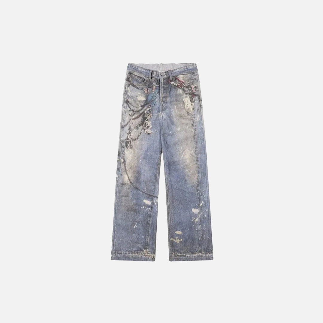 Front view of the blue Y2K Rustic Relic Jeans in a gray background