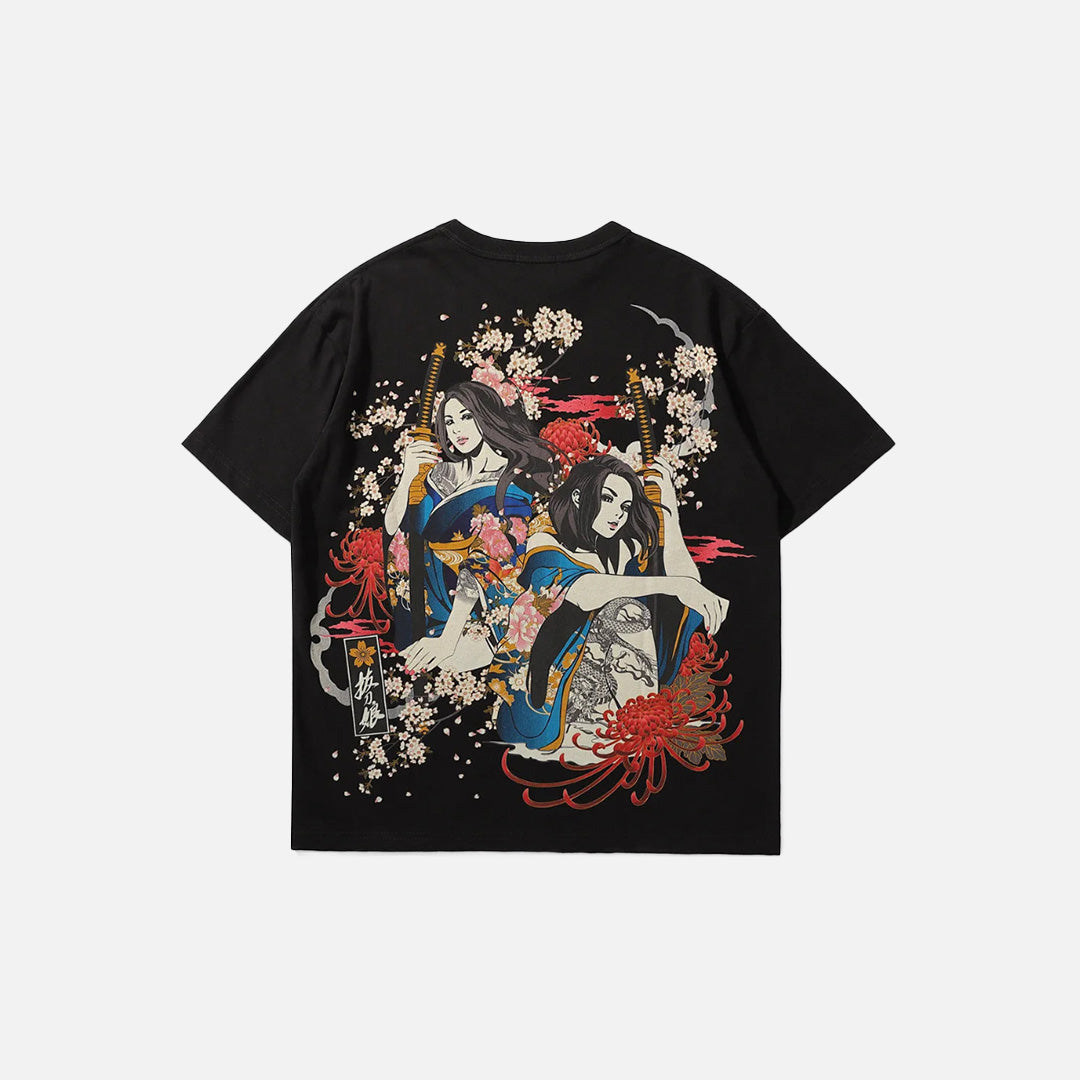 Back view of the black Samurai Spirits With Blossoms T-shirt in a gray background