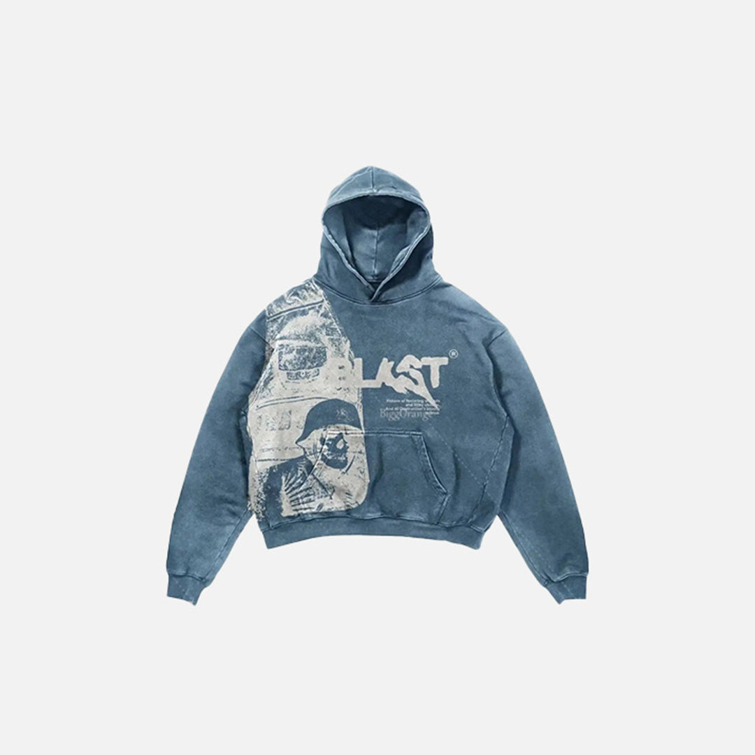 Front view of the blue Vintage Graphic Print Hoodie in a gray background