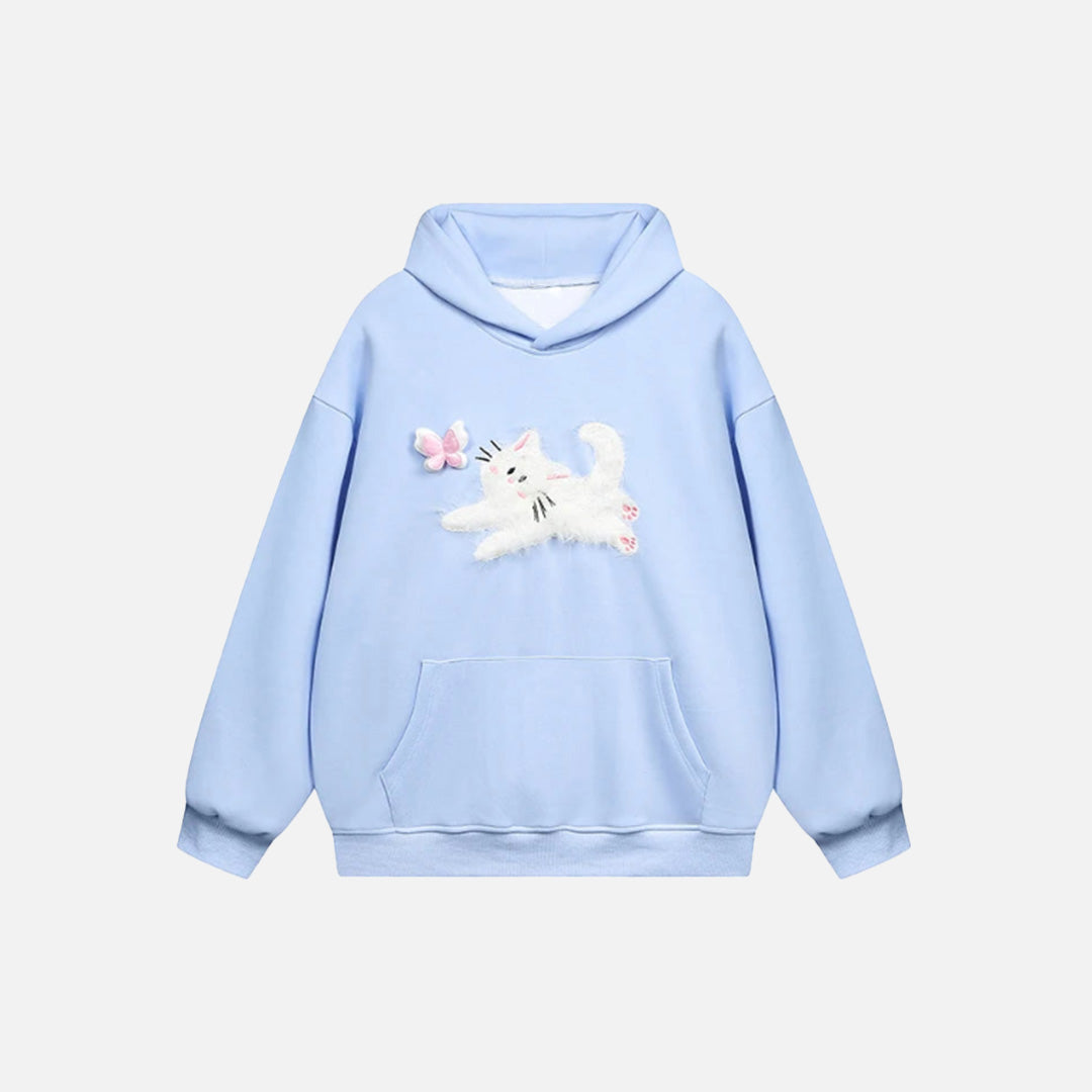 Front view of the sky blue Cat And Butterfly Hoodie in a gray background