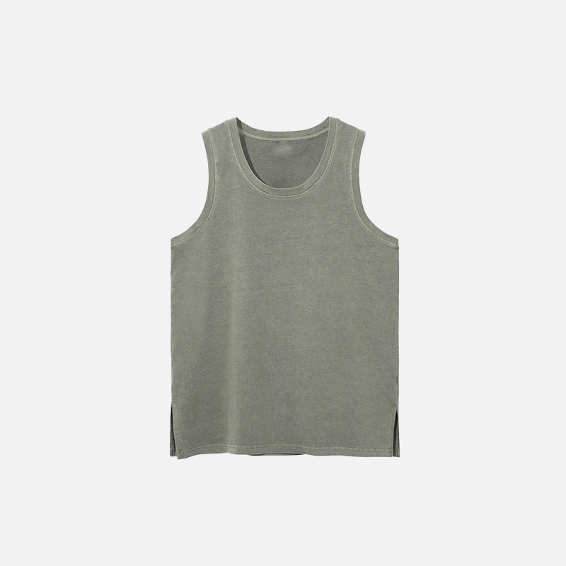 Front view of the grey green Side Slit Unisex Sleeveless T-shirt in a gray background 