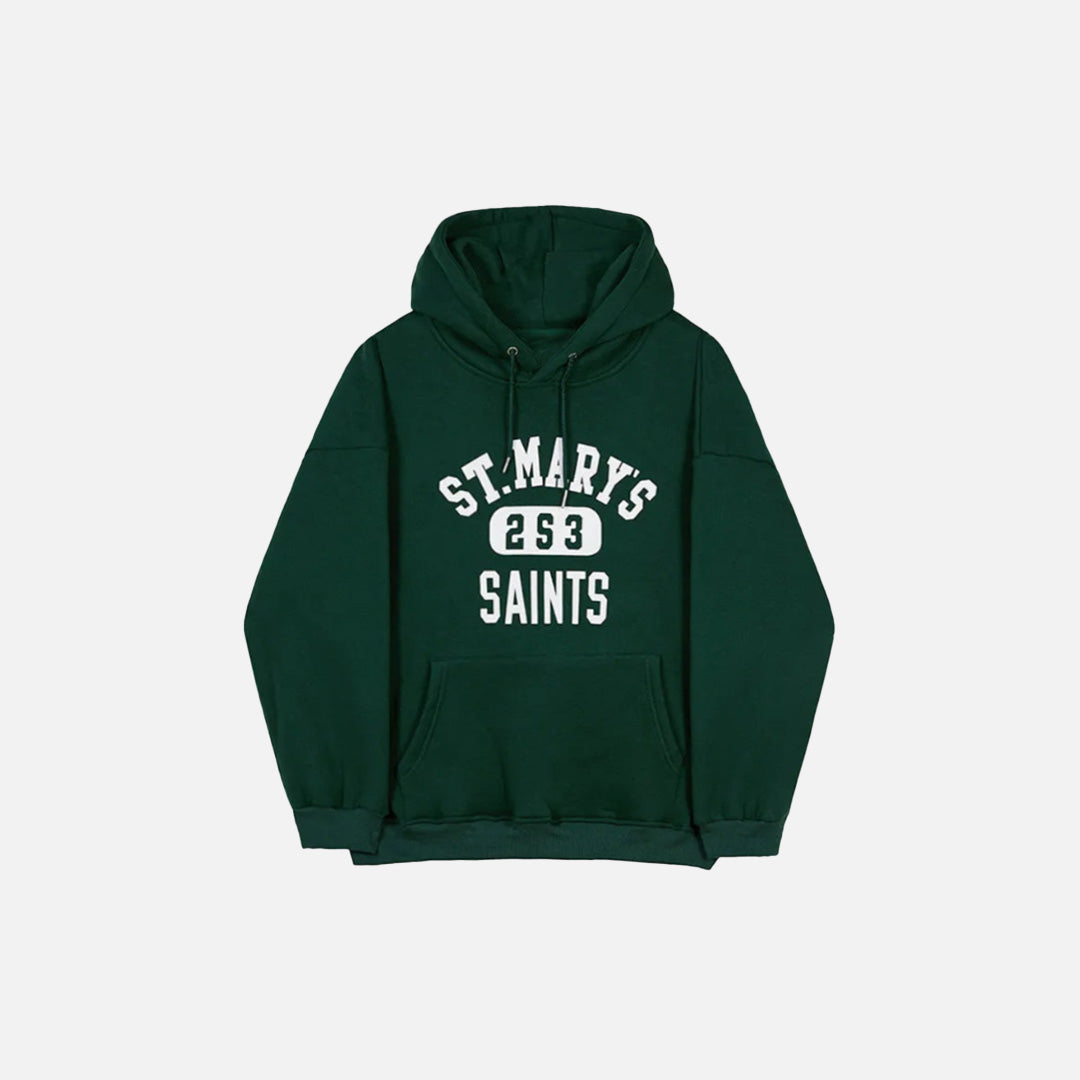 Front view of the green St. Mary's Saints Hoodie in a gray background