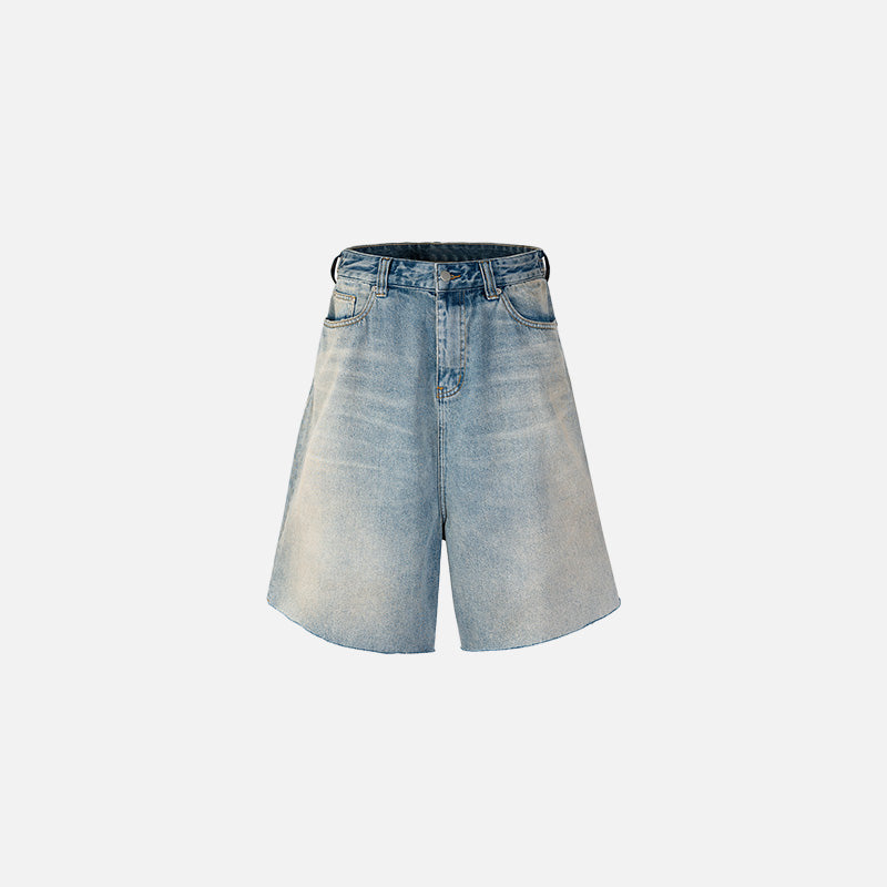 Front view of the blue 90's Baggy Washed Jorts in a gray background 