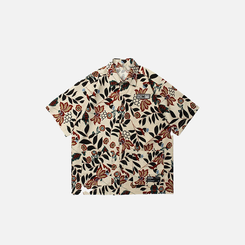 Front view of the khaki Y2k Floral Aloha Shirt in a gray background 